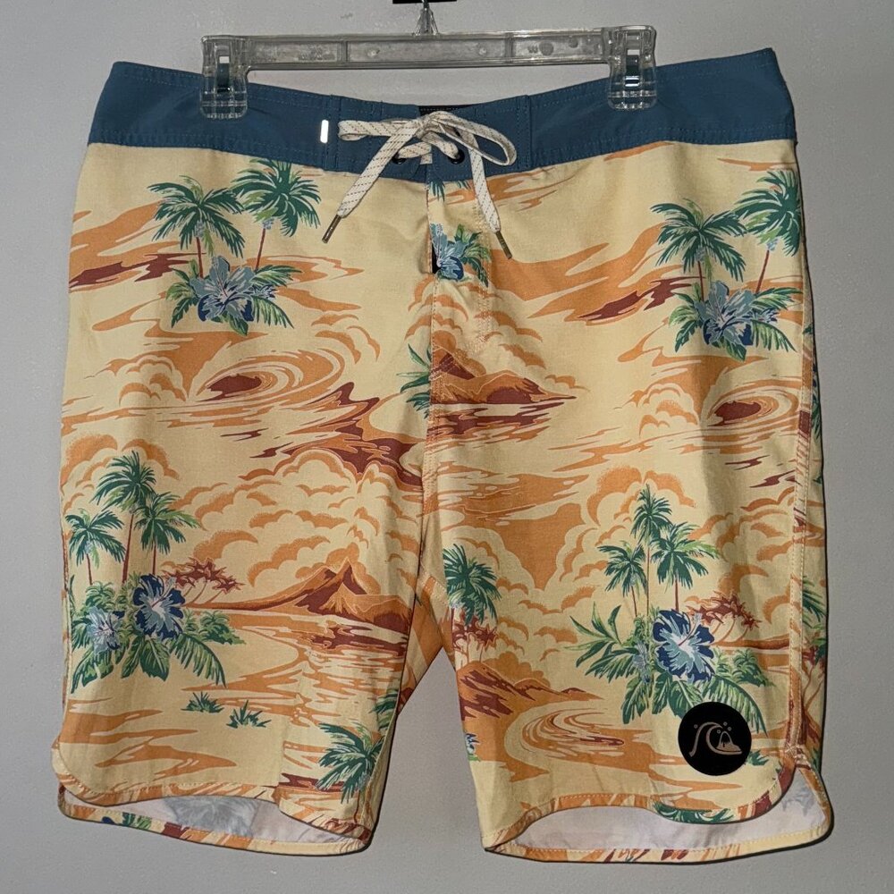 Quiksilver Yellow and Blue Palm Tree Beach Tropical Print Men's Swim Trunks 34